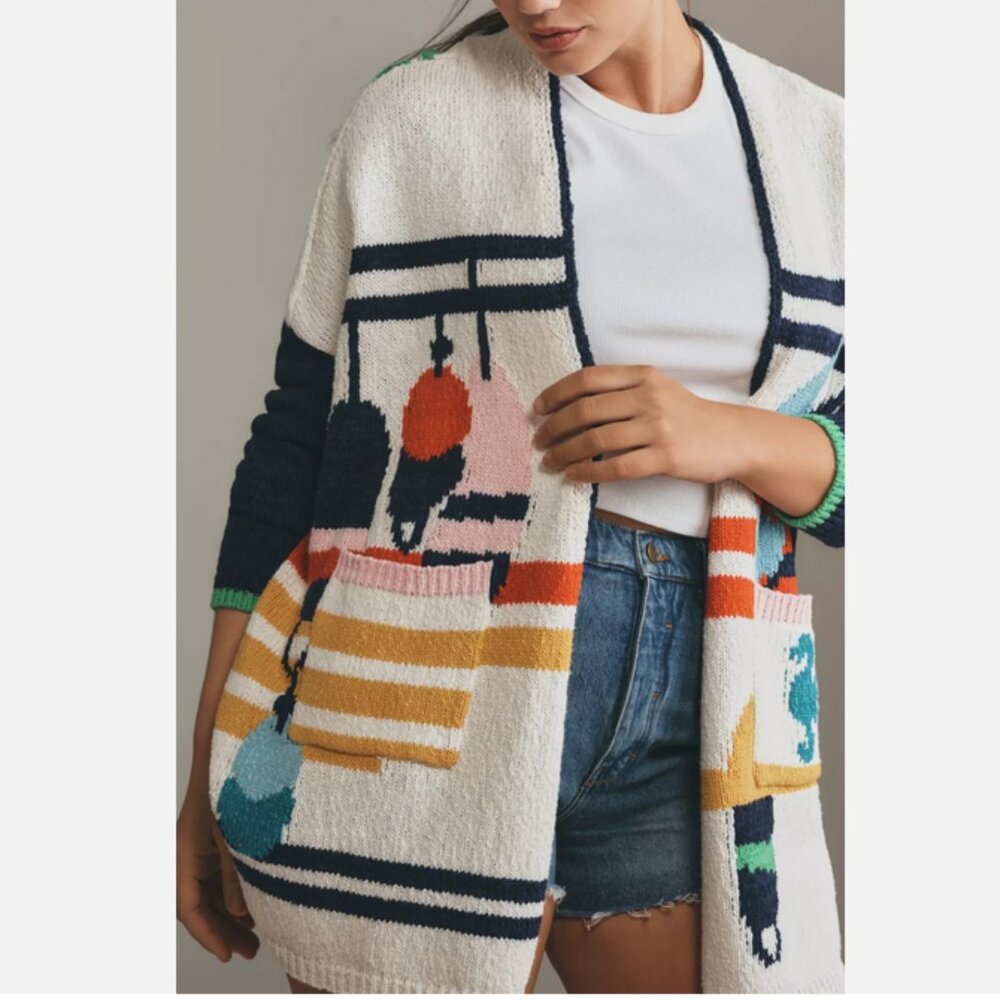 Anthropologie Maeve Nautical Buoy Cardigan Sweater Whale Seahorse 3X NWT Plus - Picture 6 of 10